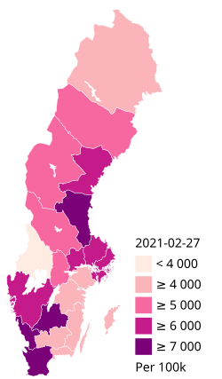 Vahvistettujen tartuntojen määrä sataatuhatta asukasta kohti