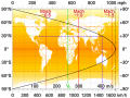 Image 50Plot of latitude versus tangential speed. The dashed line shows the Kennedy Space Center example. The dot-dash line denotes typical airliner cruise speed. (from Earth's rotation)