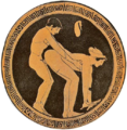 Image 14A prostitute and her customer illustrated on an ancient Greek wine cup; the act of prostitution is indicated by the coin purse above the figures. (from Prostitution)