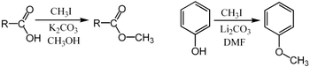 Metilación dun sal de ácido carboxílico e un fenol usando iodometano.