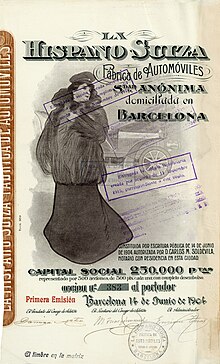 Action de fondation de La Hispano Suiza Fábrica de Automóviles de 500 pesetas, émise à Barcelone le 14 juin 1904, signée en original par Damià Mateu i Bisa, cofondateur, président et financier de l'entreprise