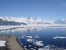 Águas calmas no mar na Antártida, com alguns pedaços de gelo flutuando. Ao fundo, montanhas cobertas de neve e o céu azul e limpo.
