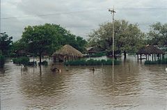 Flash flood in Palapye, Central District, Botswana. Heavy rain caused a small dam to burst on the Lotsane River, which flows through the village