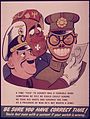 Amerikansk propagandaplakat fra andre verdenskrig med karikaturer av hovedfiendene Adolf Hitler, Benito Mussolini og Hideki Tōjō