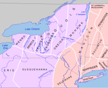 Map[പ്രവർത്തിക്കാത്ത കണ്ണി] of New York showing Algonquian tribes in the eastern and southern portions and Iroquoian tribes to the western and northern portions.