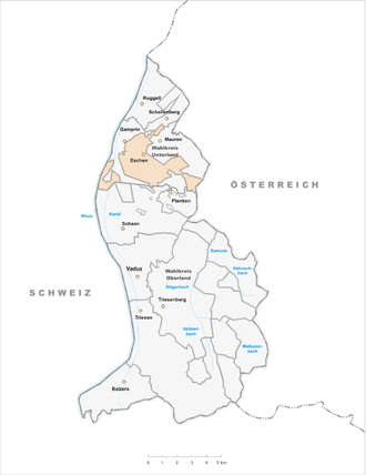 Lage der Gemeinde Eschen (Liechtenstein) im Fürstentum Liechtenstein (anklickbare Karte)