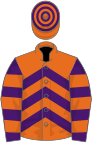 Orange and purple chevrons, purple and orange hooped sleeves, orange and purple hooped cap