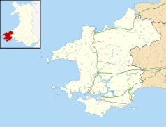 Mapa konturowa Pembrokeshire, na dole znajduje się punkt z opisem „Latarnia morska St Anns Head”