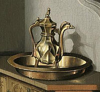 Detail of the gilded pot on the cupboard ledge to Barbara's left