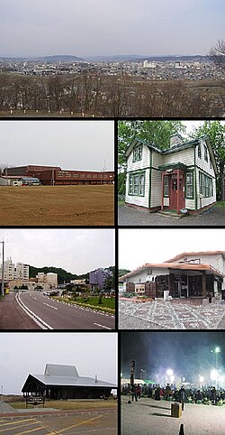 Clockwise from top: View of downtown Kitami from Southhill Forest Park, Pierson Memorial Museum, Takinoyu Spa, Kitami BBQ Festival in February, Wakka Nature Center, Street in Onneyu area, Kitami Municipal Curling Arena