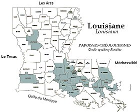 Přibližné rozšíření louisianská kreolštiny ve státě Louisiana