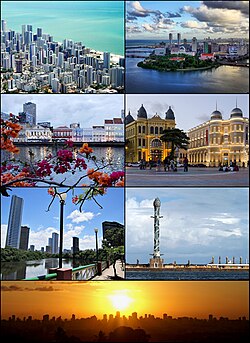 From upper left: Old centre of Recife; Recife and its bridges; Aereal View of Boa Viagem Beach; Boa Viagem Beach; The Crystal Tower; Capibaribe River; Recife Sunset.