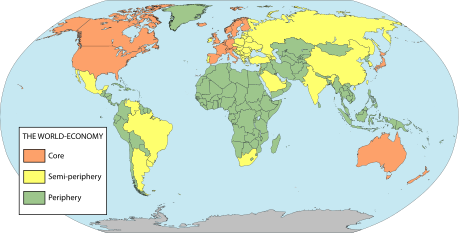 Classification of the countries according to the world-system analysis of I. Wallerstein: core, semi-periphery and periphery.