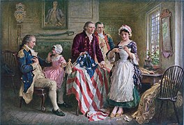 Betsy Ross élaborant le drapeau américain en 1777.