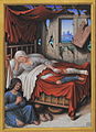 Couche à paillasse avec une étoffe suspendue et tendue faisant office de ciel de lit (v. 1500/1510).