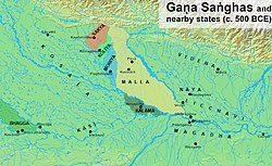 The Gaṇasaṅghas in the 5th century BCE. Vajji was located near Vesālī