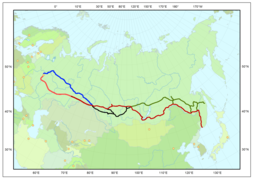 Mapa das rutas: En vermello, liña do Transiberiano En azul, lina do norte En verde, liña Baikal-Amur.
