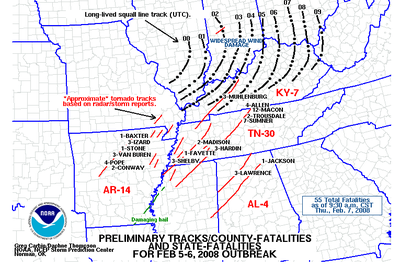 Map of deadly tornadoes (in red) and other severe weather reports.