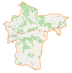Mapa konturowa powiatu wieruszowskiego, po lewej znajduje się punkt z opisem „Wieruszów”