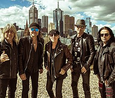 Scorpions in Melbourne, Australia in 2016 during the 50th Anniversary World Tour. (from left to right) Mikkey Dee, Matthias Jabs, Klaus Meine, Rudolf Schenker and Pawel Maciwoda.