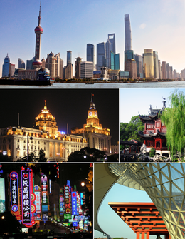 Mei de klok mei boppe: Pudong skyline, Yuyuantún, Sina-paviljoen, Neonljocht oan Nanjingwei, en it Bund yn Puxi