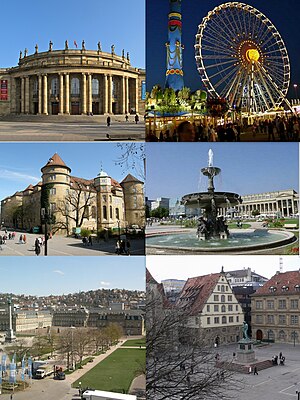 Stuttgart Schlossplatz. Atas kiri: Staatstheater, Atas kanan: Festival Cannstatter Volksfest di Bad Cannstatt. Tengah kiri: Kastil Tua Stuttgart di Schillerplatz. Tengah kanan: Air mancur di Schlossplatz, Bawah kiri: Istana Stuttgart Baru di Schlossplatz. Bawah kanan: Fruchtkasten façade dan Patung Friedrich Schiller di Schillerplatz