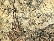 Cây bách trong đêm đầy sao, bức vẽ bằng bút sậy của Van Gogh sau bức Đêm đầy sao năm 1889