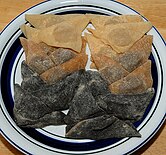 Assorted Nama yatsuhashi. Flavors, from top to bottom: tofu, cinnamon, sesame.