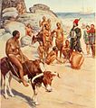 Portugese ontmoet met Khoisan – tekening uit die boek "Pioniers in Suid-Afrika", 1914.