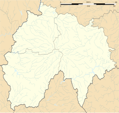 Mapa konturowa Cantal, u góry nieco na lewo znajduje się punkt z opisem „Ydes”