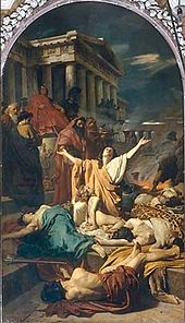 A robed woman raises her hands in grief over dead bodies strewn across the steps of a pedimented temple while a seated man holding a scepter sits and observes from the background