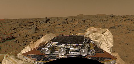 Mars Pathfinder showing one of three petals and deflated airbags