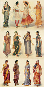 Illustration of different styles of sari, gagra choli and shalwar kameez worn by women in India