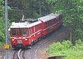 Zug der LSE im strömenden Regen auf der alten Strecke bei Grünenwald im Bergwald