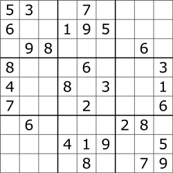 Một bảng Sudoku điển hình, với chín hàng và chín cột giao cắt lẫn nhau trong các không gian hình vuông. Một số ô được điền một con số từ trước; các ô còn lại bỏ trống để được tìm ra phương án giải quyết.