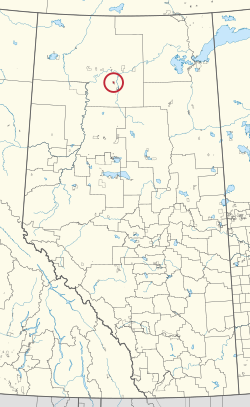 A map of the province of Alberta showing 80 counties and 145 small Indian reserves. One is highlighted with a red circle.