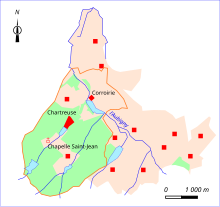 Carte en couleurs des contours d'un domaine seigneurial.