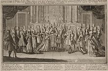 Drawing of the marriage of Don Felipe, Infante of Spain with Louise Élisabeth of France at Versailles on 26 August 1739 in the presence of the King, Queen, Dauphin and Princes of the Blood and the court.jpg