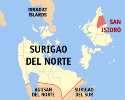 Mapa ng Surigao del Norte na nagpapakita sa lokasyon ng San Isidro.