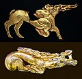 Image 24Scythian golden deer shield ornaments from the Iron Age 6th century BC found in Hungary. Above, the Golden Deer of Zöldhalompuszta is 37 cm, making it the largest Scythian golden deer known. Below, the Golden Deer of Tapiószentmárton. (from History of Hungary)