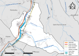 Carte en couleur présentant le réseau hydrographique de la commune