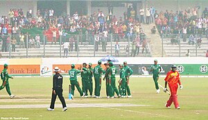 The view of a cricket field. Celebrating players wearing green outfits can be seen.