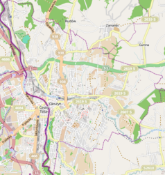 Mapa konturowa Cieszyna, w centrum znajduje się punkt z opisem „FORTUNA”