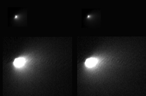 Изображения кометы, полученные с разницей в 9 минут при помощи камеры HiRISE искусственного спутника Mars Reconnaissance Orbiter 19 октября 2014 года с расстояния в 138 000 км. Нижние изображения - процесс постобработки с увеличением яркости. Разрешение 138 метров на пиксель[12]