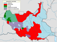 Vallási megoszlás. Világoskék: animista, piros: keresztény, sötétzöld: muzulmán, világoszöld: animista és muzulmán, lila: animista és keresztény