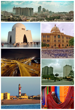 Counterclockwise from top: Karachi Skyline, M.A. Jinnah Tomb, Karachi Sunday Textile Market, KPT headquarters, Pengadilan Tinggi Sindh, Kemari Boat Basin dan Nagan Interchange