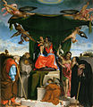 Et æresklede holdt av engler over Jomfru Maria, av Lorenzo Lotto