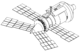 A line diagram of a space station module consisting of a large cylinder with a shallow cone at one end and a steeper cone at the other. The shallow cone has a docking port mounted in the centre, while the steeper cone has two large solar arrays projecting from it. Two more arrays are mounted at the base of the cone.