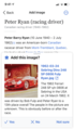 "Add an image" task for an image of a red Sebring car and the article Peter Ryan (racing driver), including image file name, image description, and Yes/No/Not sure options.