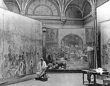 Mucha at work on The Slav Epic (1920s)